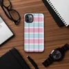 classic tartan plaid pattern in pastel sky blue, pale yellow, and bold magenta pink with fine diagonal hatching on a white background on Glossy Pastel Plaid Preppy Tough Case for iPhone - default view
