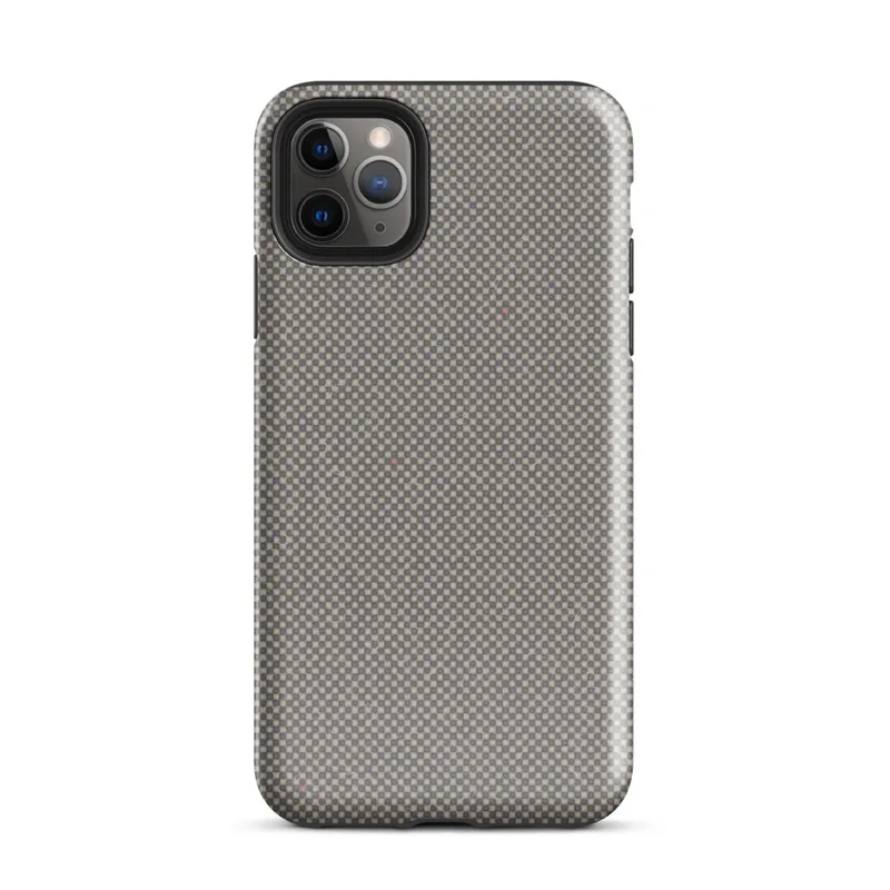 micro-checkerboard pattern in slate gray and warm sand with subtle colorful flecks and fine thread-like lines suggesting woven fabric on Glossy Steel Grid Woven Texture Tough Case for iPhone - default view