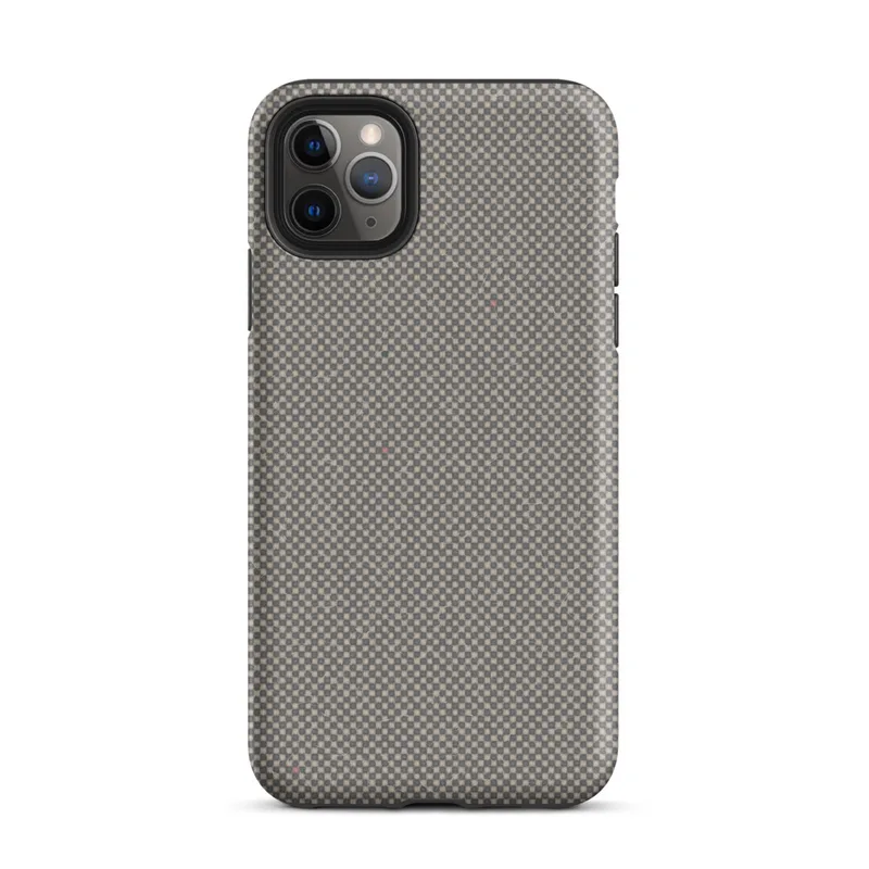 micro-checkerboard pattern in slate gray and warm sand with subtle colorful flecks and fine thread-like lines suggesting woven fabric on Matte Steel Grid Woven Texture Tough Case for iPhone - default view