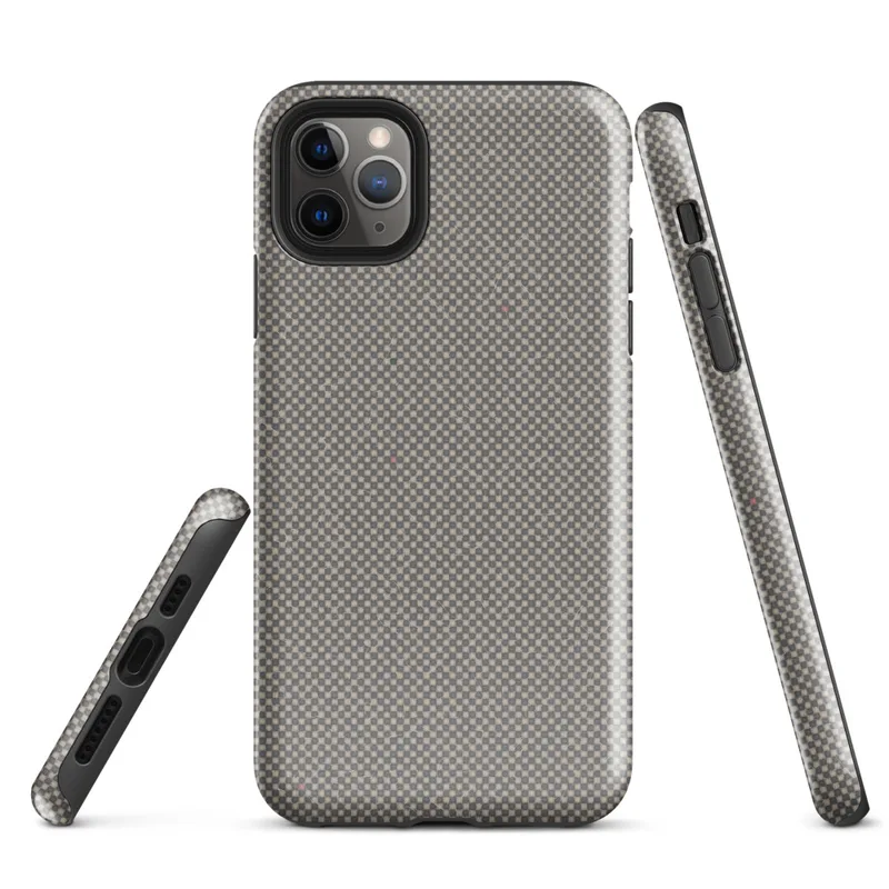 micro-checkerboard pattern in slate gray and warm sand with subtle colorful flecks and fine thread-like lines suggesting woven fabric on Glossy Steel Grid Woven Texture Tough Case for iPhone - default view