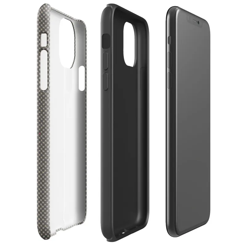 micro-checkerboard pattern in slate gray and warm sand with subtle colorful flecks and fine thread-like lines suggesting woven fabric on Glossy Steel Grid Woven Texture Tough Case for iPhone - default view