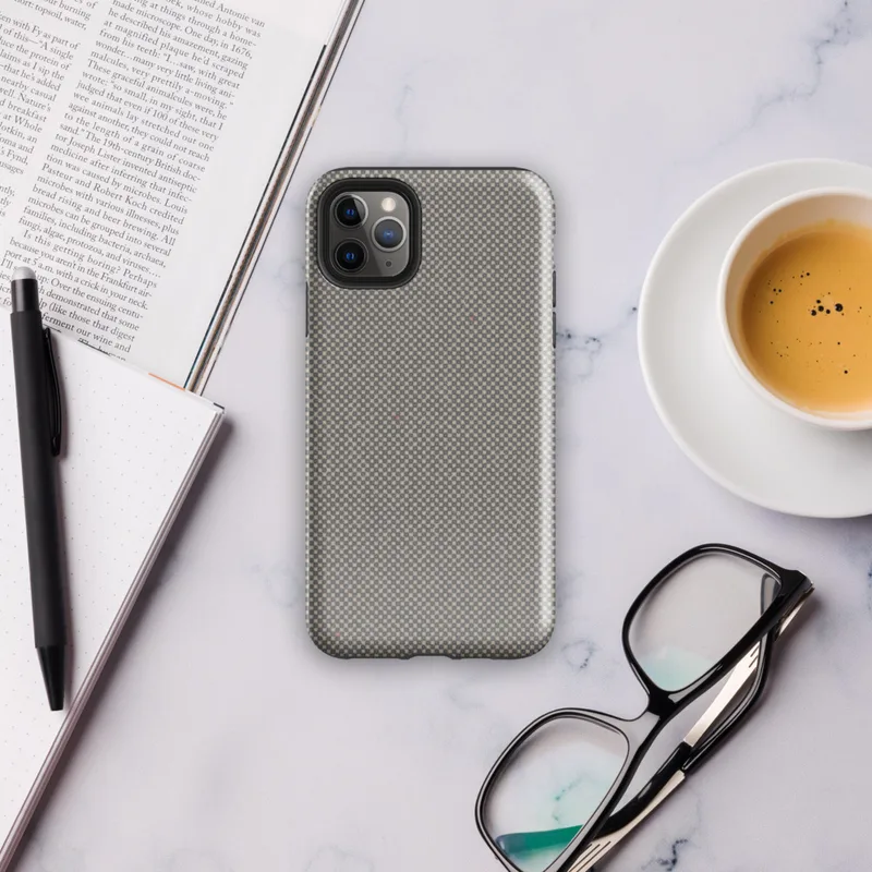micro-checkerboard pattern in slate gray and warm sand with subtle colorful flecks and fine thread-like lines suggesting woven fabric on Glossy Steel Grid Woven Texture Tough Case for iPhone - default view