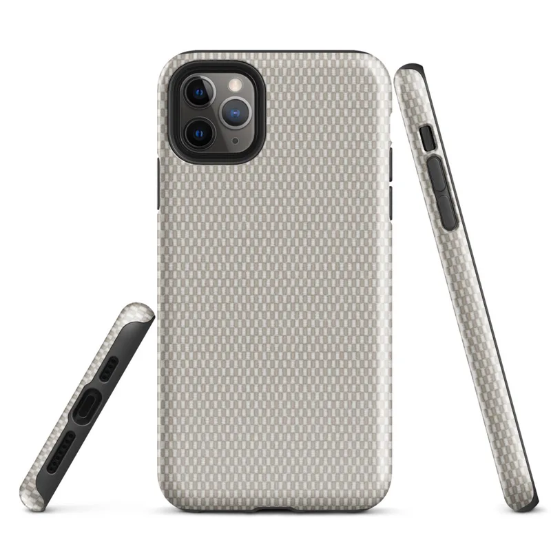 close-up woven fabric texture in warm taupe and cream tones with a fine basket-weave grid pattern on Glossy Woven Linen Texture Tough Case for iPhone - default view