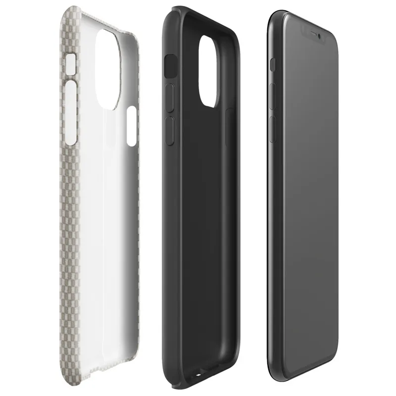 close-up woven fabric texture in warm taupe and cream tones with a fine basket-weave grid pattern on Glossy Woven Linen Texture Tough Case for iPhone - default view