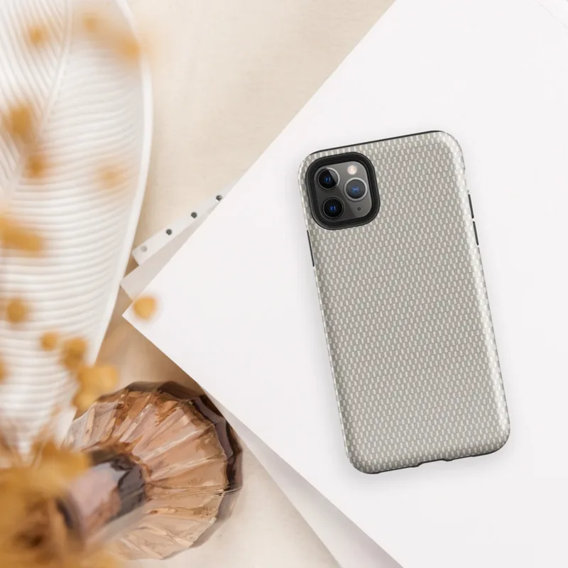 close-up woven fabric texture in warm taupe and cream tones with a fine basket-weave grid pattern on Glossy Woven Linen Texture Tough Case for iPhone - default view