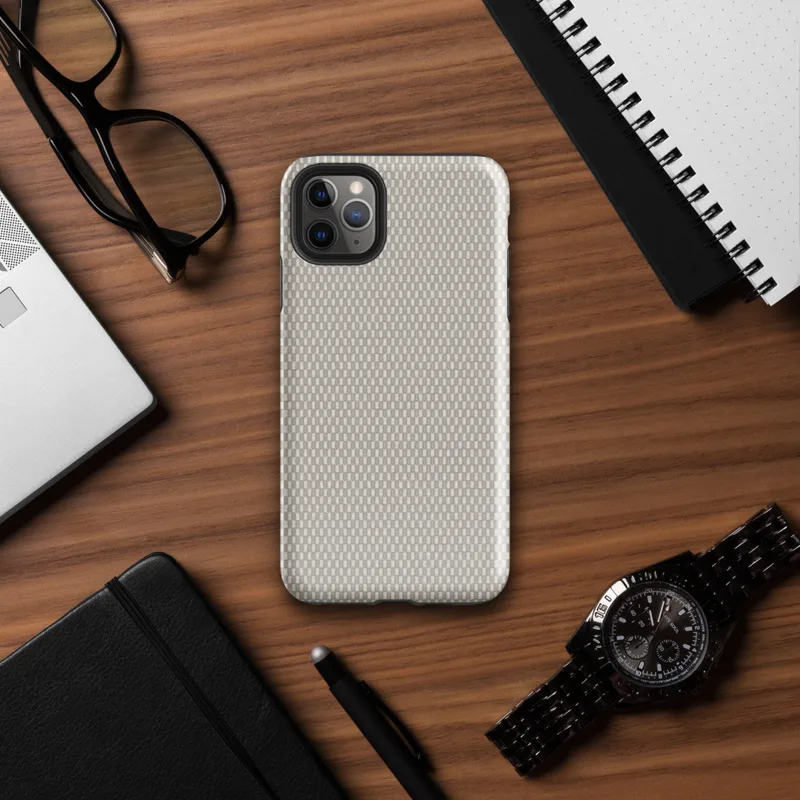 close-up woven fabric texture in warm taupe and cream tones with a fine basket-weave grid pattern on Glossy Woven Linen Texture Tough Case for iPhone - default view