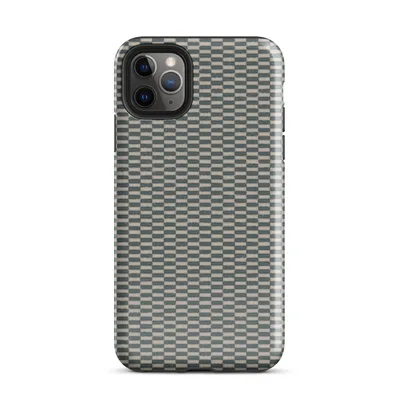 close-up checkerboard weave pattern with teal and natural linen tones mimicking woven tatami or basket textile on Glossy Woven Slate Grid Tough Case for iPhone - default view