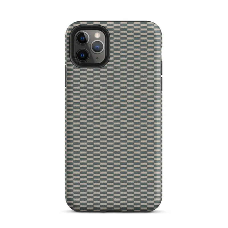 close-up checkerboard weave pattern with teal and natural linen tones mimicking woven tatami or basket textile on Matte Woven Slate Grid Tough Case for iPhone - default view