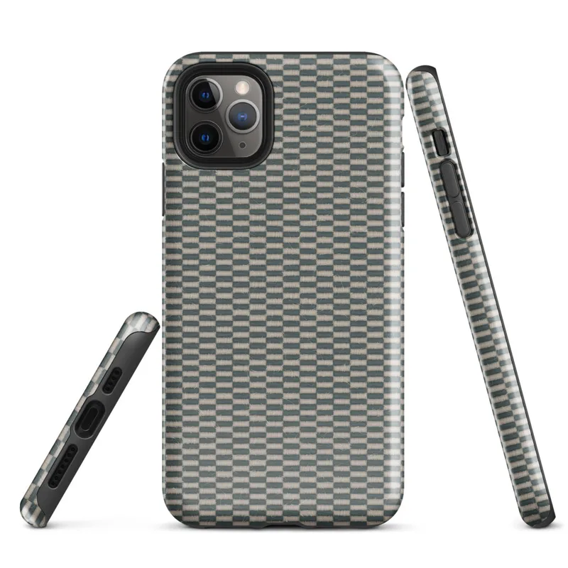 close-up checkerboard weave pattern with teal and natural linen tones mimicking woven tatami or basket textile on Glossy Woven Slate Grid Tough Case for iPhone - default view