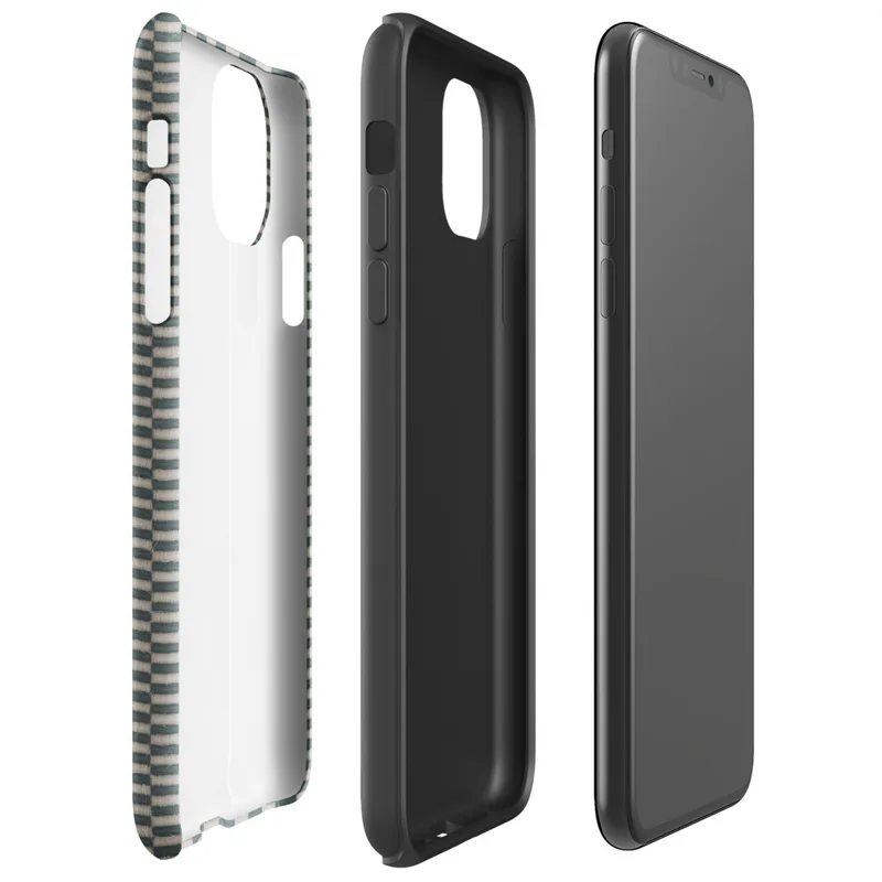 close-up checkerboard weave pattern with teal and natural linen tones mimicking woven tatami or basket textile on Glossy Woven Slate Grid Tough Case for iPhone - default view
