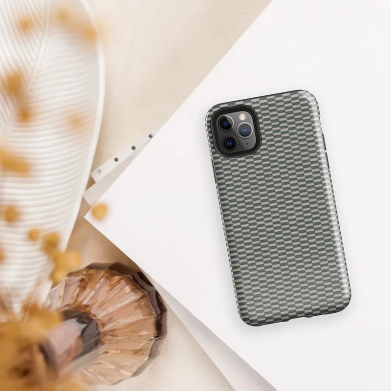 close-up checkerboard weave pattern with teal and natural linen tones mimicking woven tatami or basket textile on Glossy Woven Slate Grid Tough Case for iPhone - default view