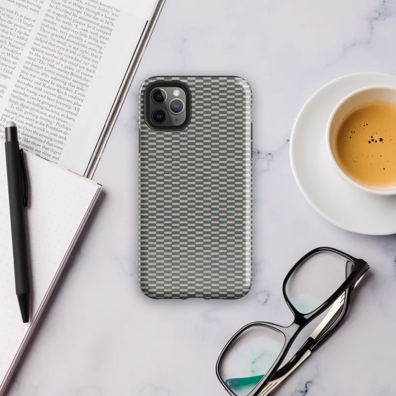 close-up checkerboard weave pattern with teal and natural linen tones mimicking woven tatami or basket textile on Glossy Woven Slate Grid Tough Case for iPhone - default view