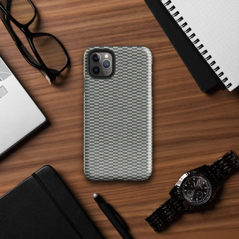 close-up checkerboard weave pattern with teal and natural linen tones mimicking woven tatami or basket textile on Glossy Woven Slate Grid Tough Case for iPhone - default view