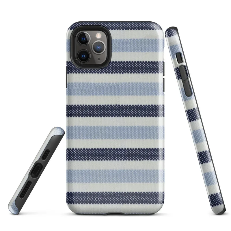 horizontal woven stripes in navy, powder blue, and white in a repeating textile pattern on Glossy Nautical Stripe Classic Tough Case for iPhone - default view