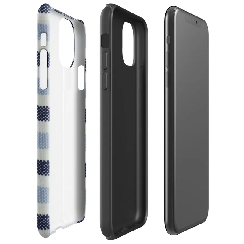 horizontal woven stripes in navy, powder blue, and white in a repeating textile pattern on Glossy Nautical Stripe Classic Tough Case for iPhone - default view
