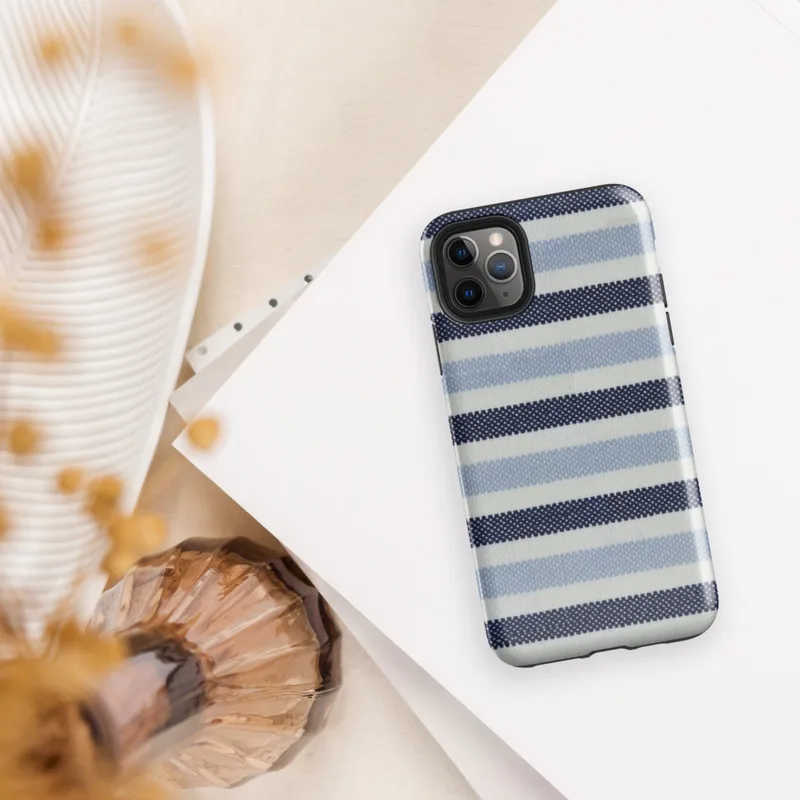 horizontal woven stripes in navy, powder blue, and white in a repeating textile pattern on Glossy Nautical Stripe Classic Tough Case for iPhone - default view