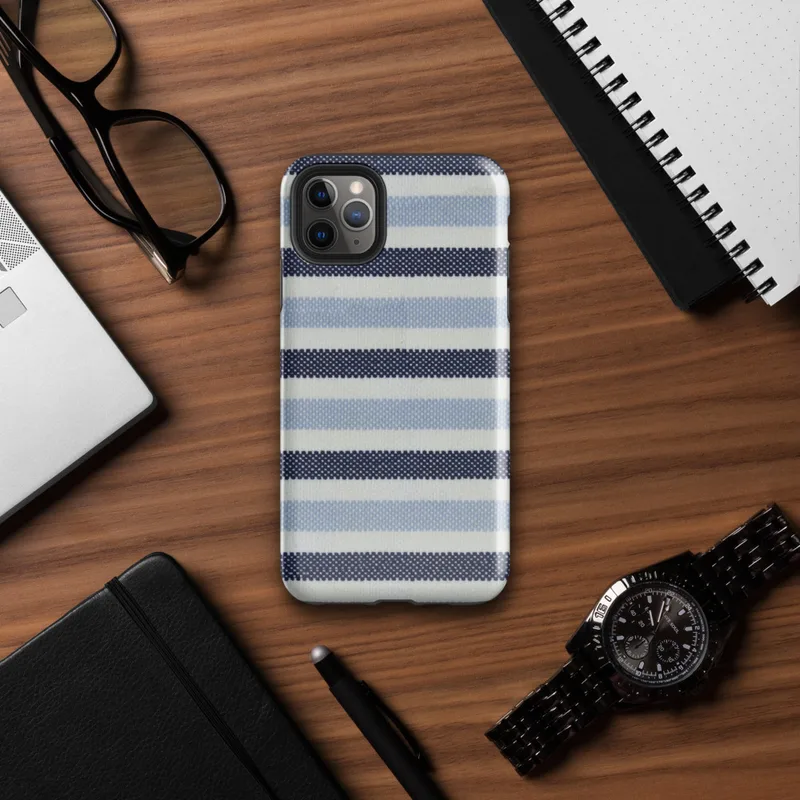 horizontal woven stripes in navy, powder blue, and white in a repeating textile pattern on Glossy Nautical Stripe Classic Tough Case for iPhone - default view