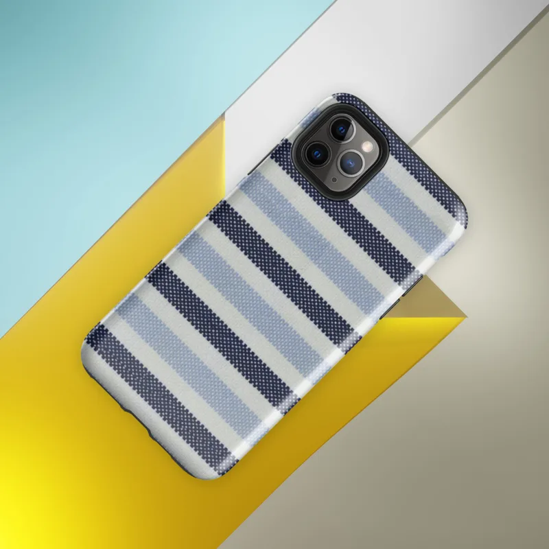 horizontal woven stripes in navy, powder blue, and white in a repeating textile pattern on Glossy Nautical Stripe Classic Tough Case for iPhone - default view