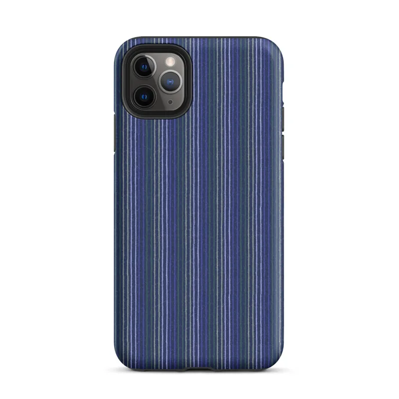 vertical pinstripes in deep cobalt blue and forest green with white and sage accent lines in a woven fabric style on Matte Classic Stripe Bold Statement Tough Case for iPhone - default view