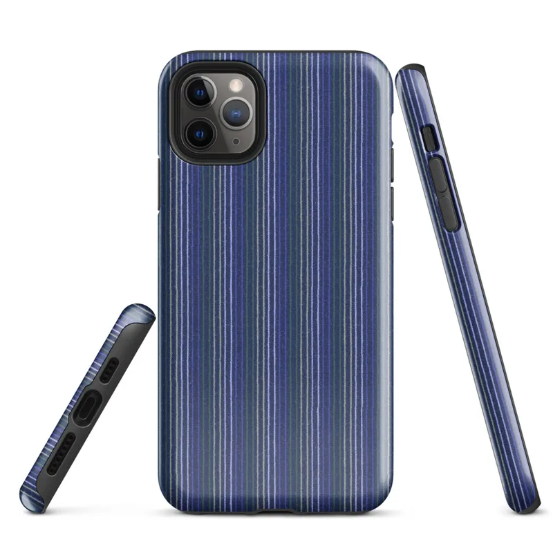 vertical pinstripes in deep cobalt blue and forest green with white and sage accent lines in a woven fabric style on Glossy Classic Stripe Bold Statement Tough Case for iPhone - default view