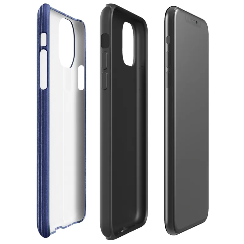 vertical pinstripes in deep cobalt blue and forest green with white and sage accent lines in a woven fabric style on Glossy Classic Stripe Bold Statement Tough Case for iPhone - default view