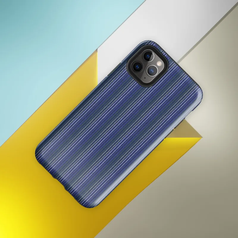 vertical pinstripes in deep cobalt blue and forest green with white and sage accent lines in a woven fabric style on Glossy Classic Stripe Bold Statement Tough Case for iPhone - default view