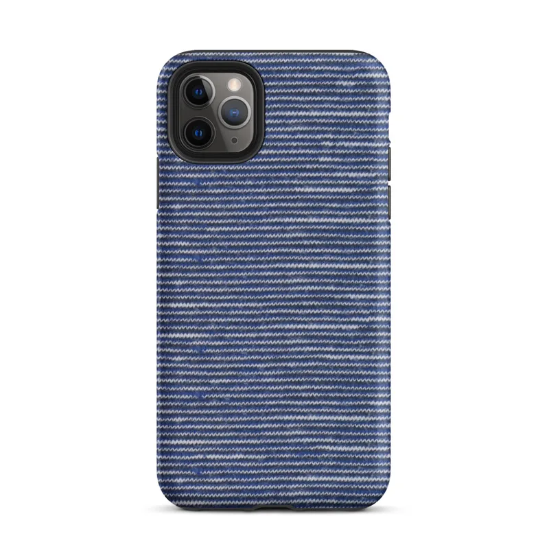 close-up of horizontal knit fabric rows in cobalt blue and white, resembling a woven maritime textile with fine stitch detail on Matte Ocean Stripe Knit Texture Tough Case for iPhone - default view