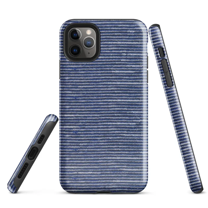 close-up of horizontal knit fabric rows in cobalt blue and white, resembling a woven maritime textile with fine stitch detail on Glossy Ocean Stripe Knit Texture Tough Case for iPhone - default view