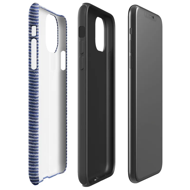 close-up of horizontal knit fabric rows in cobalt blue and white, resembling a woven maritime textile with fine stitch detail on Glossy Ocean Stripe Knit Texture Tough Case for iPhone - default view