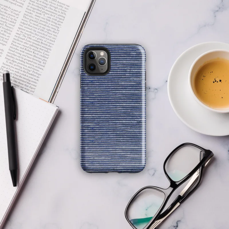close-up of horizontal knit fabric rows in cobalt blue and white, resembling a woven maritime textile with fine stitch detail on Glossy Ocean Stripe Knit Texture Tough Case for iPhone - default view