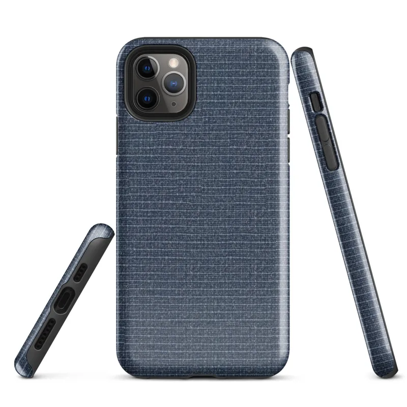 close-up woven fabric texture in deep navy blue with horizontal heathered thread striations and subtle silvery contrast on Glossy Navy Blue Woven Texture Tough Case for iPhone - default view