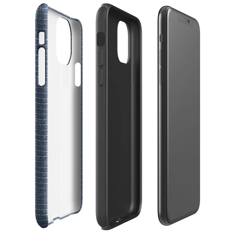 close-up woven fabric texture in deep navy blue with horizontal heathered thread striations and subtle silvery contrast on Glossy Navy Blue Woven Texture Tough Case for iPhone - default view