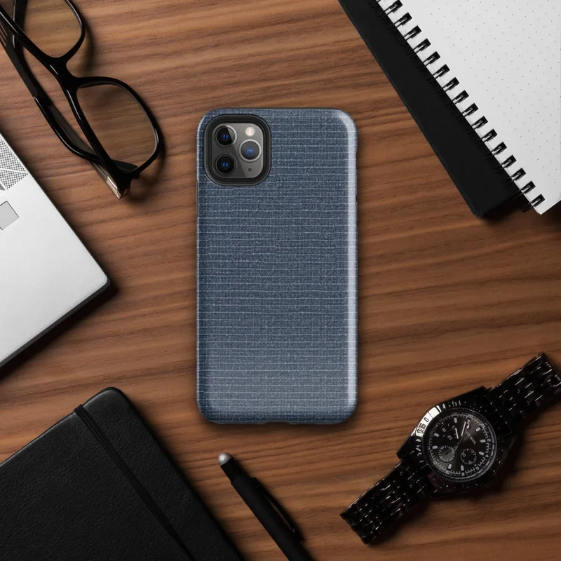 close-up woven fabric texture in deep navy blue with horizontal heathered thread striations and subtle silvery contrast on Glossy Navy Blue Woven Texture Tough Case for iPhone - default view