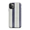 vertical ticking stripe pattern with wide navy blue bands, crisp white panels, and narrow taupe pinstripe accents on woven textile texture on Glossy Coastal Ticking Stripe Classic Tough Case for iPhone - default view