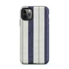 vertical ticking stripe pattern with wide navy blue bands, crisp white panels, and narrow taupe pinstripe accents on woven textile texture on Matte Coastal Ticking Stripe Classic Tough Case for iPhone - default view