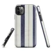 vertical ticking stripe pattern with wide navy blue bands, crisp white panels, and narrow taupe pinstripe accents on woven textile texture on Glossy Coastal Ticking Stripe Classic Tough Case for iPhone - default view