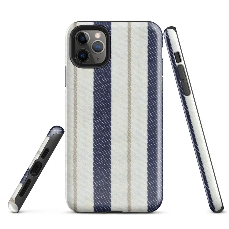 vertical ticking stripe pattern with wide navy blue bands, crisp white panels, and narrow taupe pinstripe accents on woven textile texture on Glossy Coastal Ticking Stripe Classic Tough Case for iPhone - default view