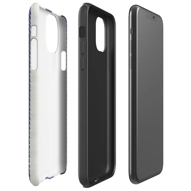 vertical ticking stripe pattern with wide navy blue bands, crisp white panels, and narrow taupe pinstripe accents on woven textile texture on Glossy Coastal Ticking Stripe Classic Tough Case for iPhone - default view