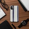 vertical ticking stripe pattern with wide navy blue bands, crisp white panels, and narrow taupe pinstripe accents on woven textile texture on Glossy Coastal Ticking Stripe Classic Tough Case for iPhone - default view