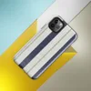 vertical ticking stripe pattern with wide navy blue bands, crisp white panels, and narrow taupe pinstripe accents on woven textile texture on Glossy Coastal Ticking Stripe Classic Tough Case for iPhone - default view