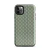 basketweave grid pattern in sage and muted green with thin vertical pinstripes in navy, dusty rose, and golden yellow on Glossy Garden Plaid Stripe Tough Case for iPhone - default view