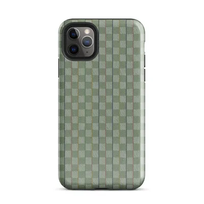 basketweave grid pattern in sage and muted green with thin vertical pinstripes in navy, dusty rose, and golden yellow on Glossy Garden Plaid Stripe Tough Case for iPhone - default view