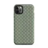 basketweave grid pattern in sage and muted green with thin vertical pinstripes in navy, dusty rose, and golden yellow on Matte Garden Plaid Stripe Tough Case for iPhone - default view