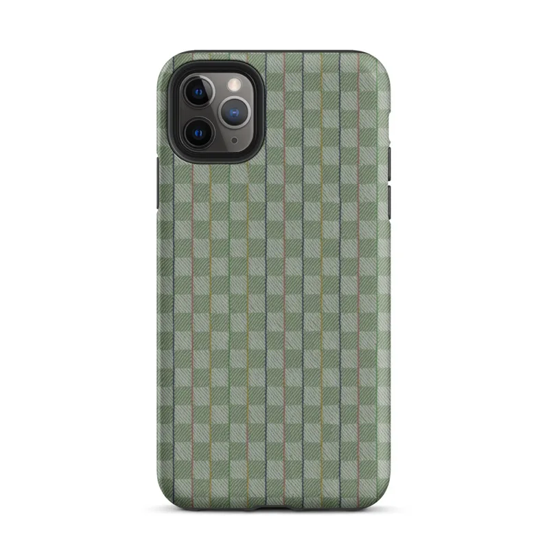 basketweave grid pattern in sage and muted green with thin vertical pinstripes in navy, dusty rose, and golden yellow on Matte Garden Plaid Stripe Tough Case for iPhone - default view