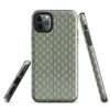 basketweave grid pattern in sage and muted green with thin vertical pinstripes in navy, dusty rose, and golden yellow on Glossy Garden Plaid Stripe Tough Case for iPhone - default view