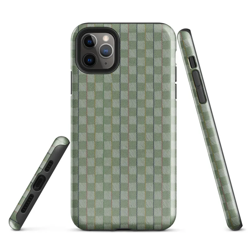 basketweave grid pattern in sage and muted green with thin vertical pinstripes in navy, dusty rose, and golden yellow on Glossy Garden Plaid Stripe Tough Case for iPhone - default view