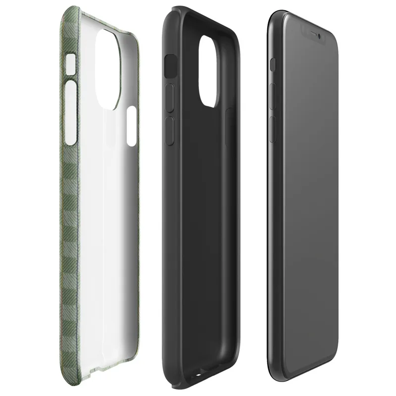 basketweave grid pattern in sage and muted green with thin vertical pinstripes in navy, dusty rose, and golden yellow on Glossy Garden Plaid Stripe Tough Case for iPhone - default view