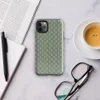 basketweave grid pattern in sage and muted green with thin vertical pinstripes in navy, dusty rose, and golden yellow on Glossy Garden Plaid Stripe Tough Case for iPhone - default view