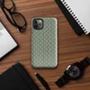 basketweave grid pattern in sage and muted green with thin vertical pinstripes in navy, dusty rose, and golden yellow on Glossy Garden Plaid Stripe Tough Case for iPhone - default view