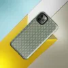 basketweave grid pattern in sage and muted green with thin vertical pinstripes in navy, dusty rose, and golden yellow on Glossy Garden Plaid Stripe Tough Case for iPhone - default view